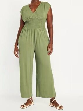 Old Navy 2X Waist-Defined Shirred Jumpsuit Olive Green Wide Leg